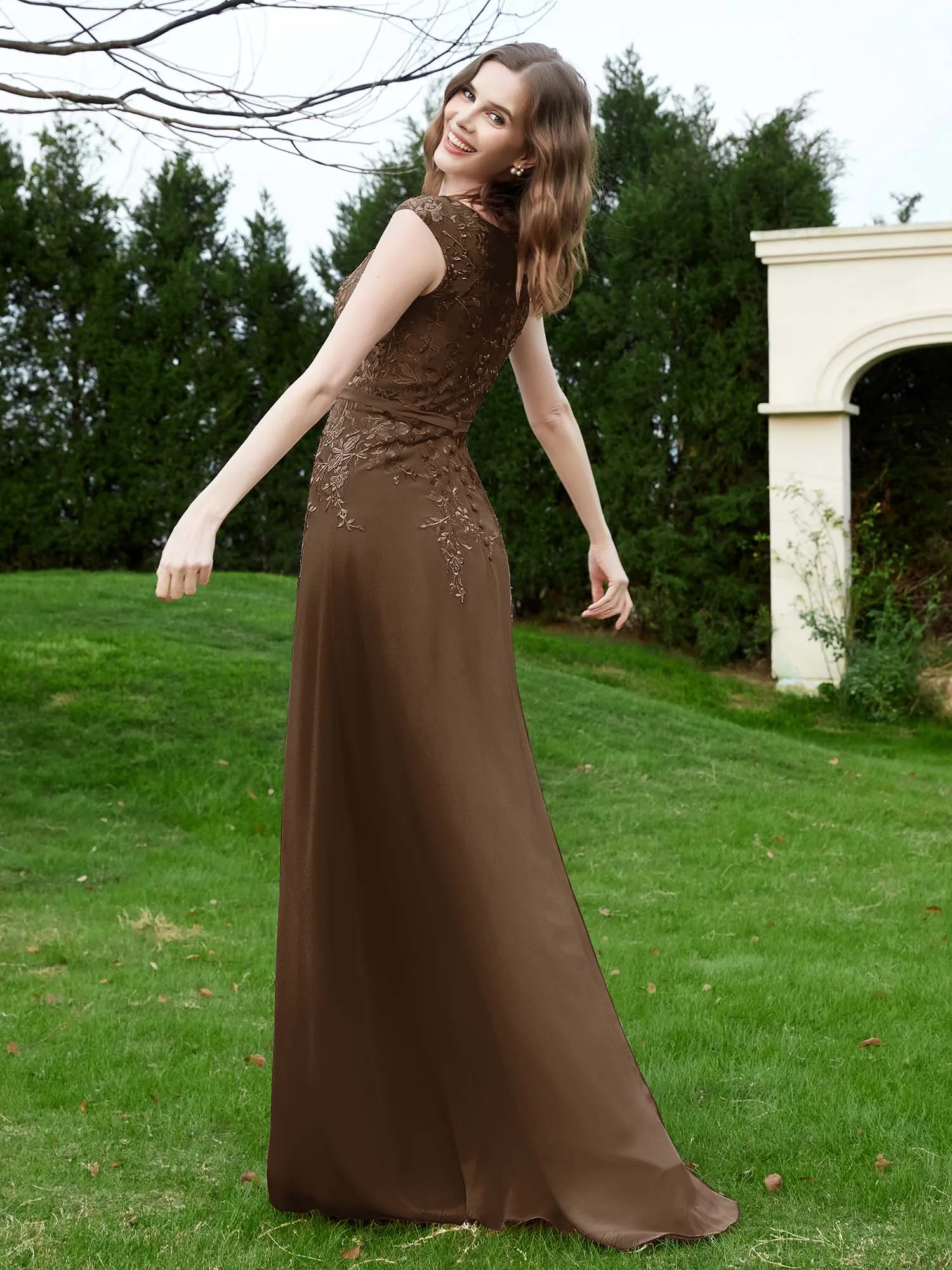 A-Line Chiffon Dress with Flower Appliqued Brown
