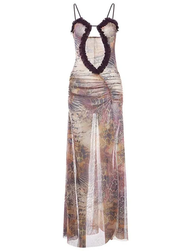 Captivating Backless Halter Dress with Unique Digital Print and Elegant Hollow Accents