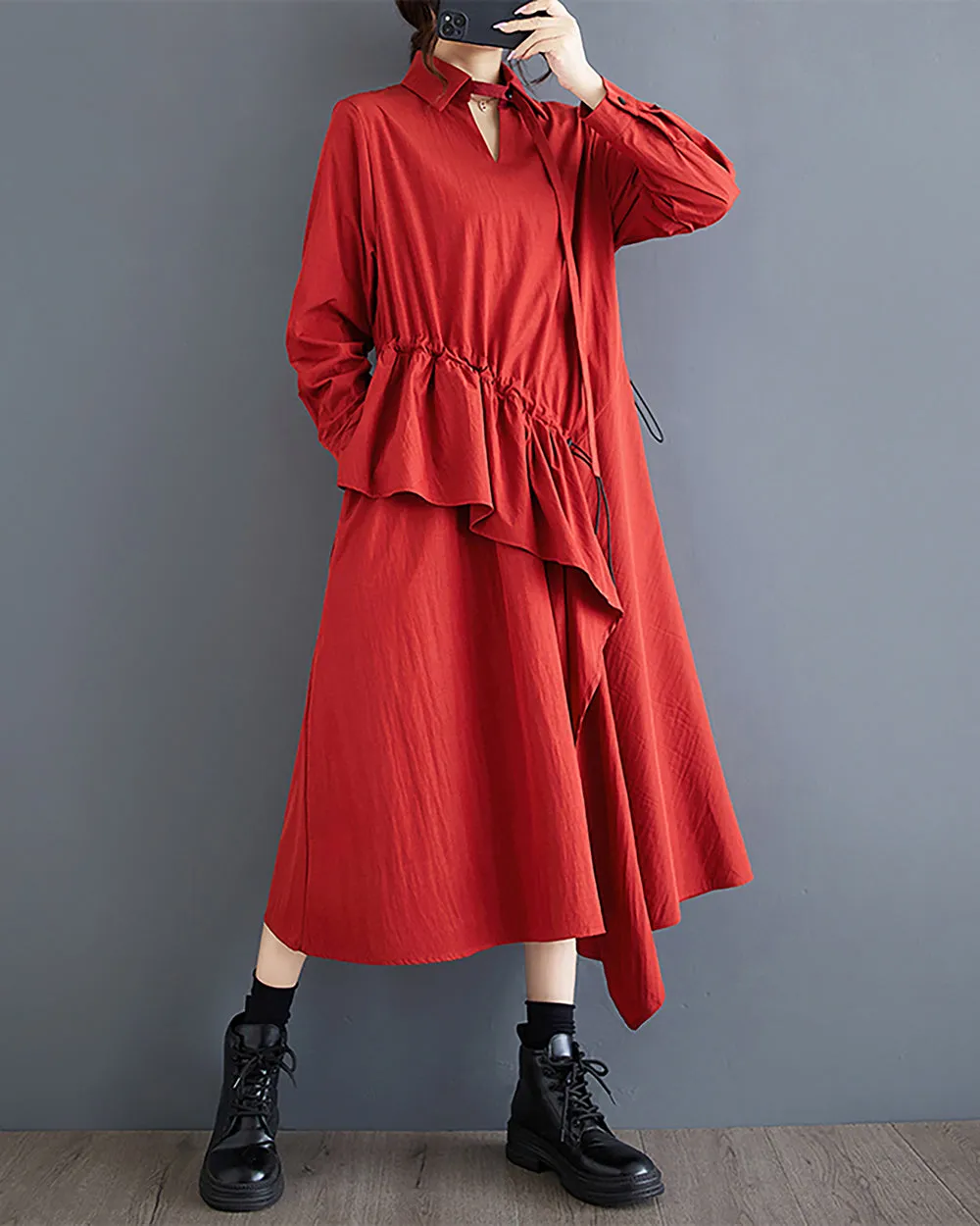 ellazhu Women's Dress Long Sleeve V-Neck Lapel Solid Flowy Hem Patchwork Drawstring Loose Oversize GZ287