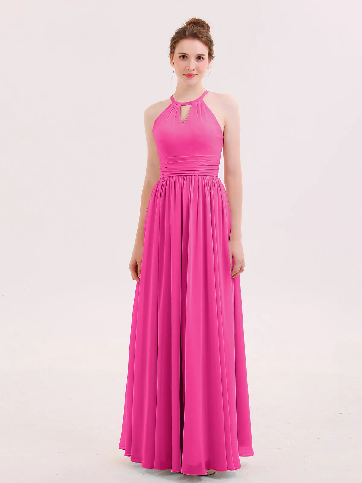 Halter Long Chiffon Dress of Bridesmaids Fuchsia
